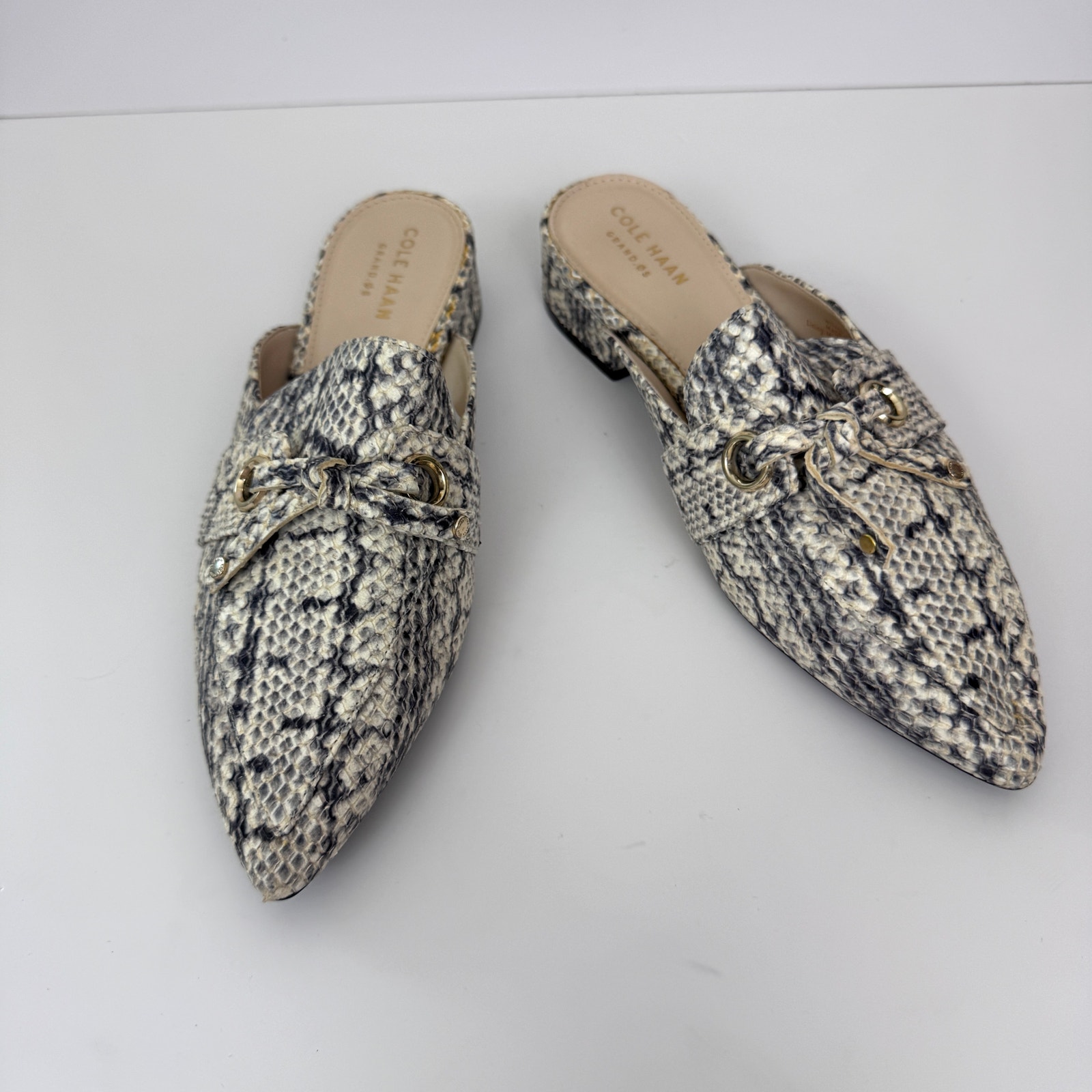 Cole Haan Womens Emily Mule Flat Shoes Sz 6 Leather Python Print Cushioned Cream